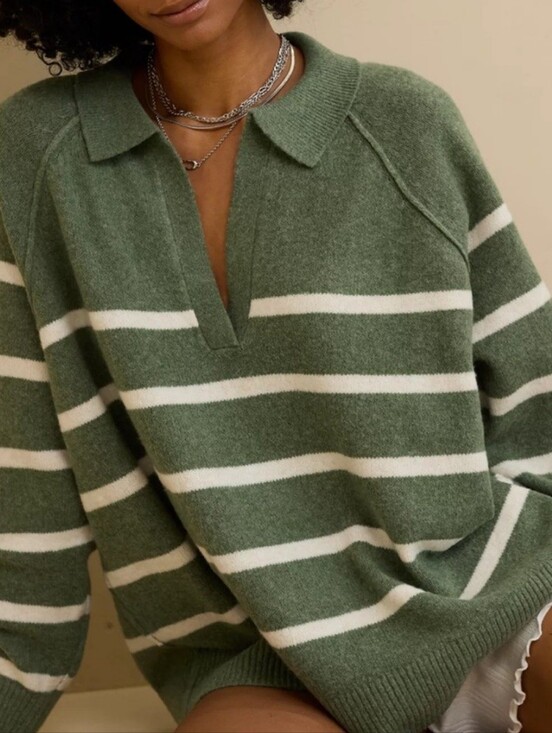 aerie Sweaters - Aerie unREAL Striped Polo Oversized Sweater in Olive Size XXS